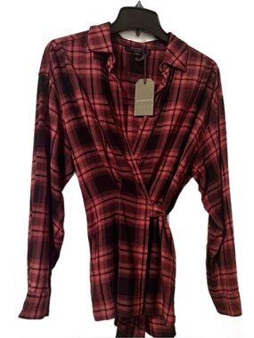 AllSaints Miki Check Shirt Red Plaid Wrap Top